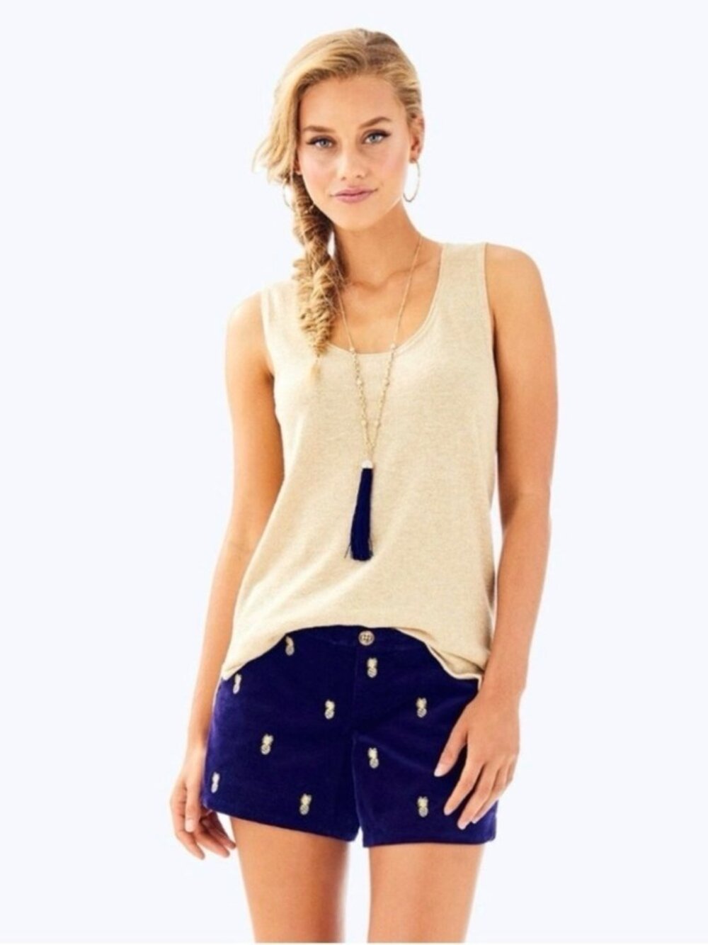Lilly Pulitzer Adie Shorts Pineapple Navy Velvet Gold Embroidered